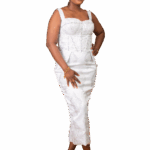 Sophisticated White Corset-Style Midi Dress with Subtle Embellishments