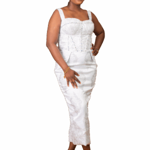 Sophisticated White Corset-Style Midi Dress with Subtle Embellishments